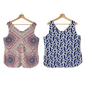 Chicos Reversible Tank Top 3 Blue Pink Print XL Sleeveless V Neck Pullover Shirt